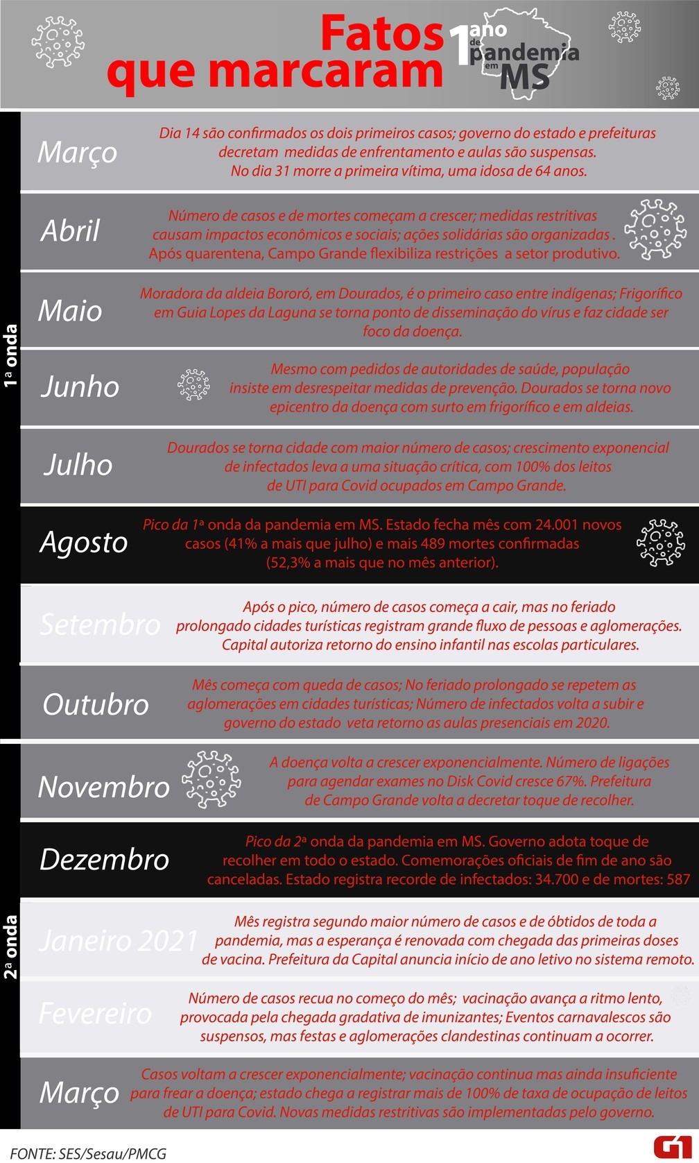 Infográfico 1 ano de pandemia em MS - Datas — Foto: Anderson Viegas/G1 MS