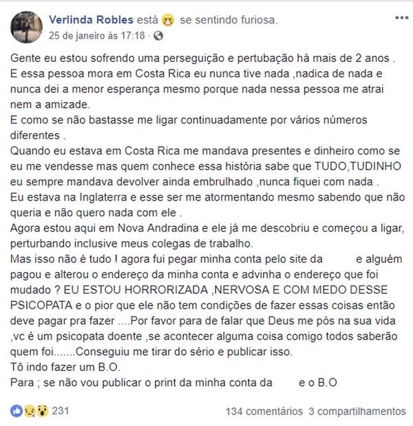 Verlinda postou desabafo em sua rede social sobre o 