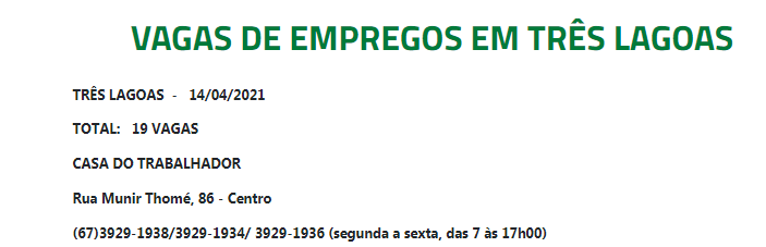 VAGAS DE EMPREGOS EM TRÊS LAGOAS