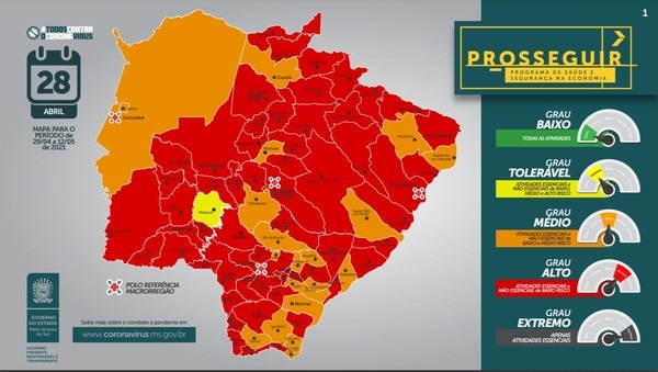 Novo mapa de classificação de risco para a pandemia em MS do programa Prosseguir — Foto: Subcom/Divulgação