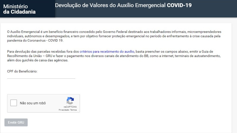 Governo lança site para devolução de auxílio indevido. Foto: Reprodução/Rádio Caçula