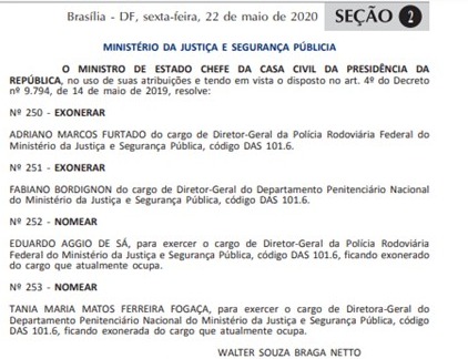 Governo troca comandos da PRF e do Departamento Penitenciário Nacional. Foto: Reprodução/DOU